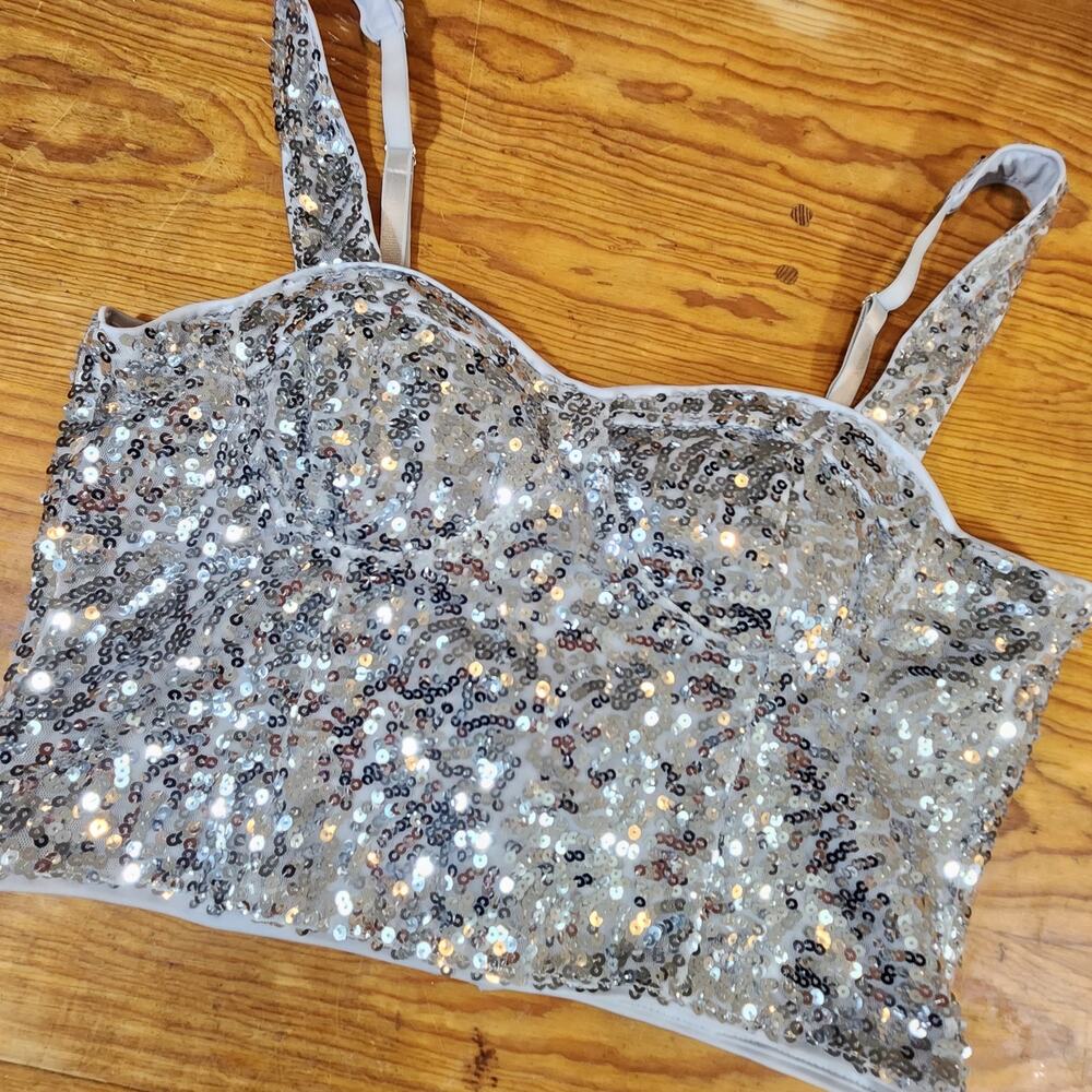 Silver Sequin Corset Top Womens XL Party Festival New Years Club Sparkle Bling